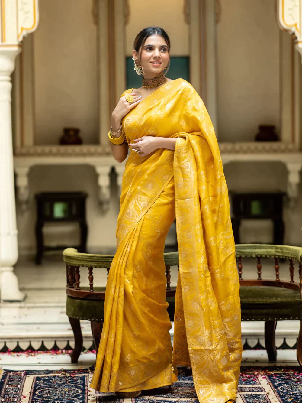 Pure Banarasi Silk Saree Weaved With Copper Zari Comes With Heavy Banarasi Brocade Blouse - Almaari Fashion