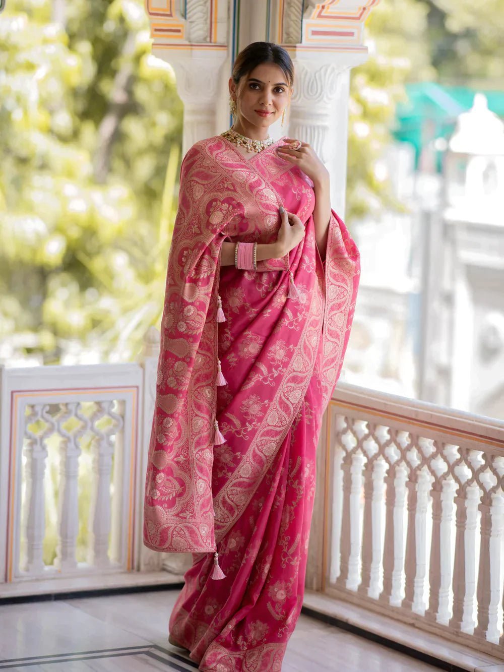 Pure Banarasi Silk Saree Weaved With Copper Zari Comes With Heavy Banarasi Brocade Blouse - Almaari Fashion