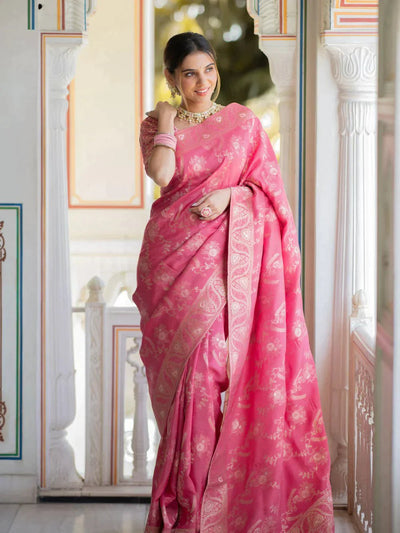 Pure Banarasi Silk Saree Weaved With Copper Zari Comes With Heavy Banarasi Brocade Blouse - Almaari Fashion