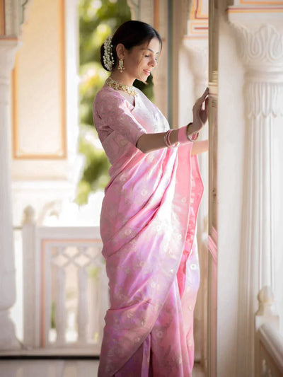 Pure Banarasi Silk Saree Weaved With Copper Zari Comes With Heavy Banarasi Brocade Blouse - Almaari Fashion