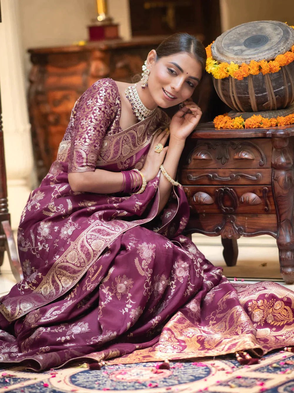 Pure Banarasi Silk Saree Weaved With Copper Zari Comes With Heavy Banarasi Brocade Blouse - Almaari Fashion