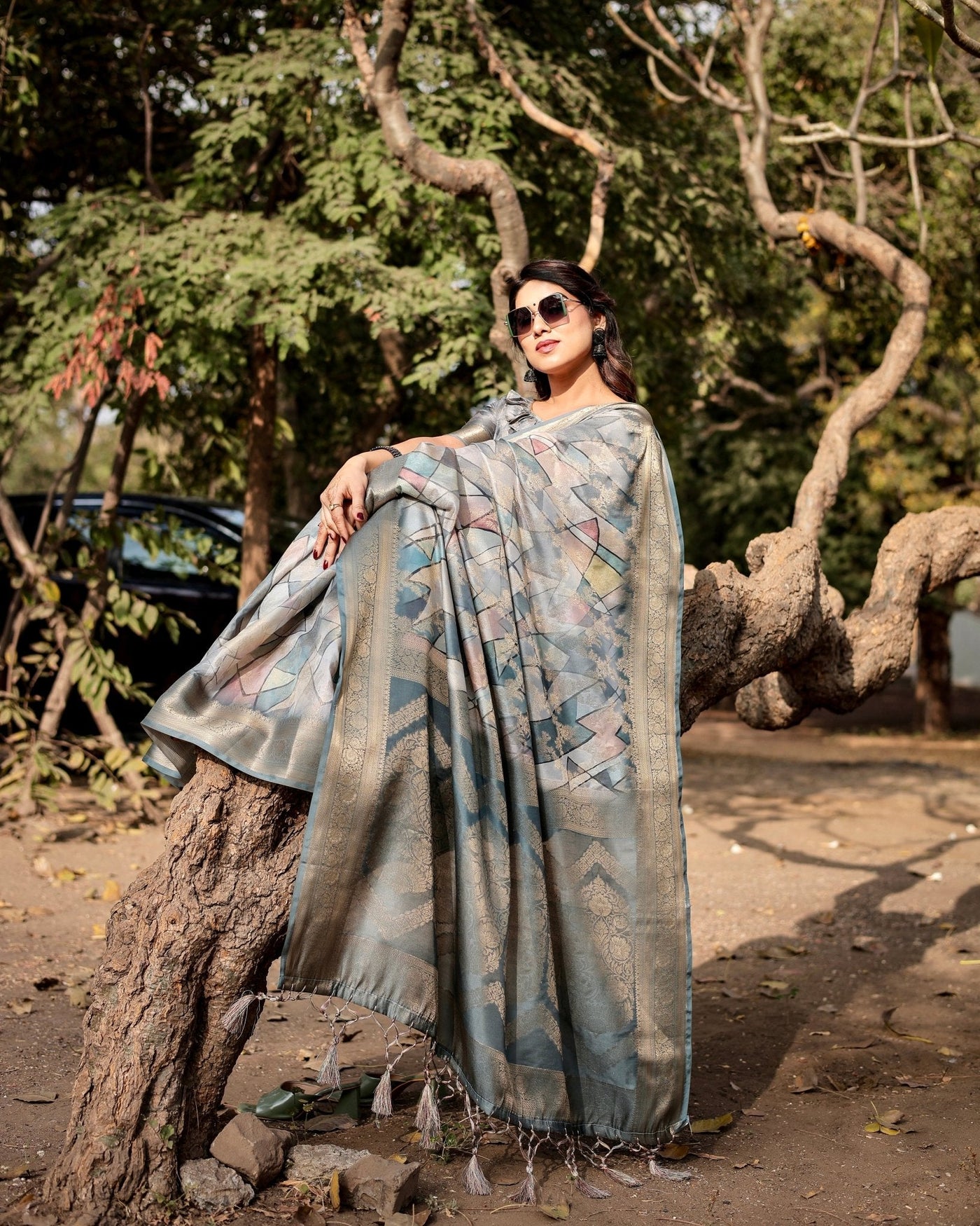 Pure Banarasi Silk Saree Weaved With Golden Zari Comes With Tassels - Almaari Fashion