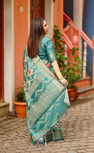 Pure Banarasi Silk Saree Weaved With Golden Zari Comes With Tassels - Almaari Fashion