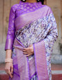 Lavender and White Geometric Floral Digital Print Banarasi Silk Saree with Zari Weave and Tassel-Embellished Pallu