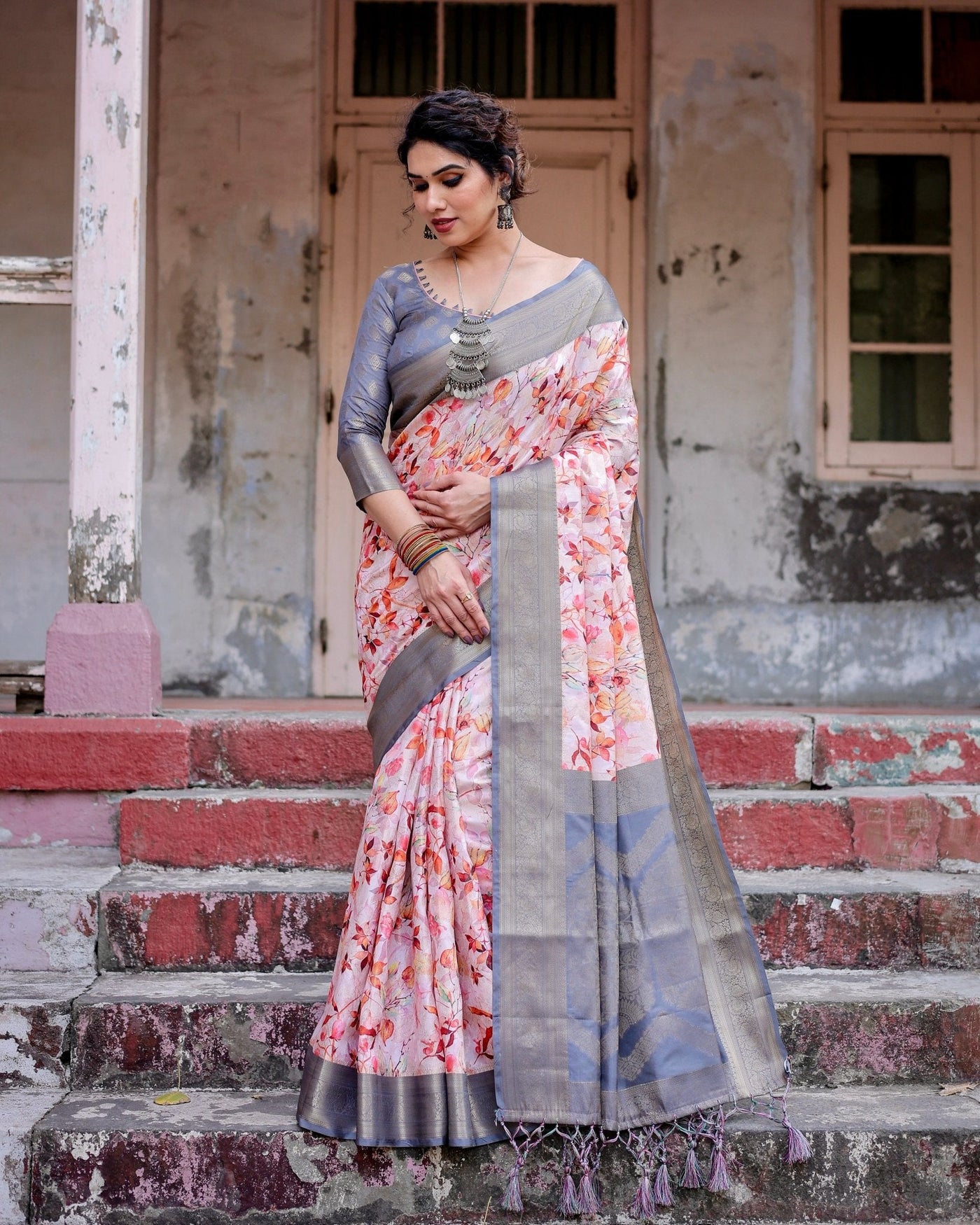 Pure Banarasi Silk Saree Weaved With Golden Zari Comes With Tassels - Almaari Fashion