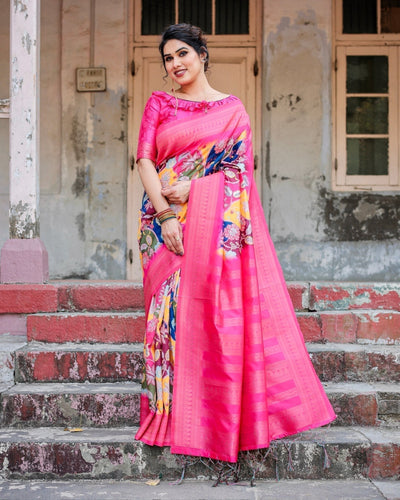 Pure Banarasi Silk Saree Weaved With Golden Zari Comes With Tassels - Almaari Fashion