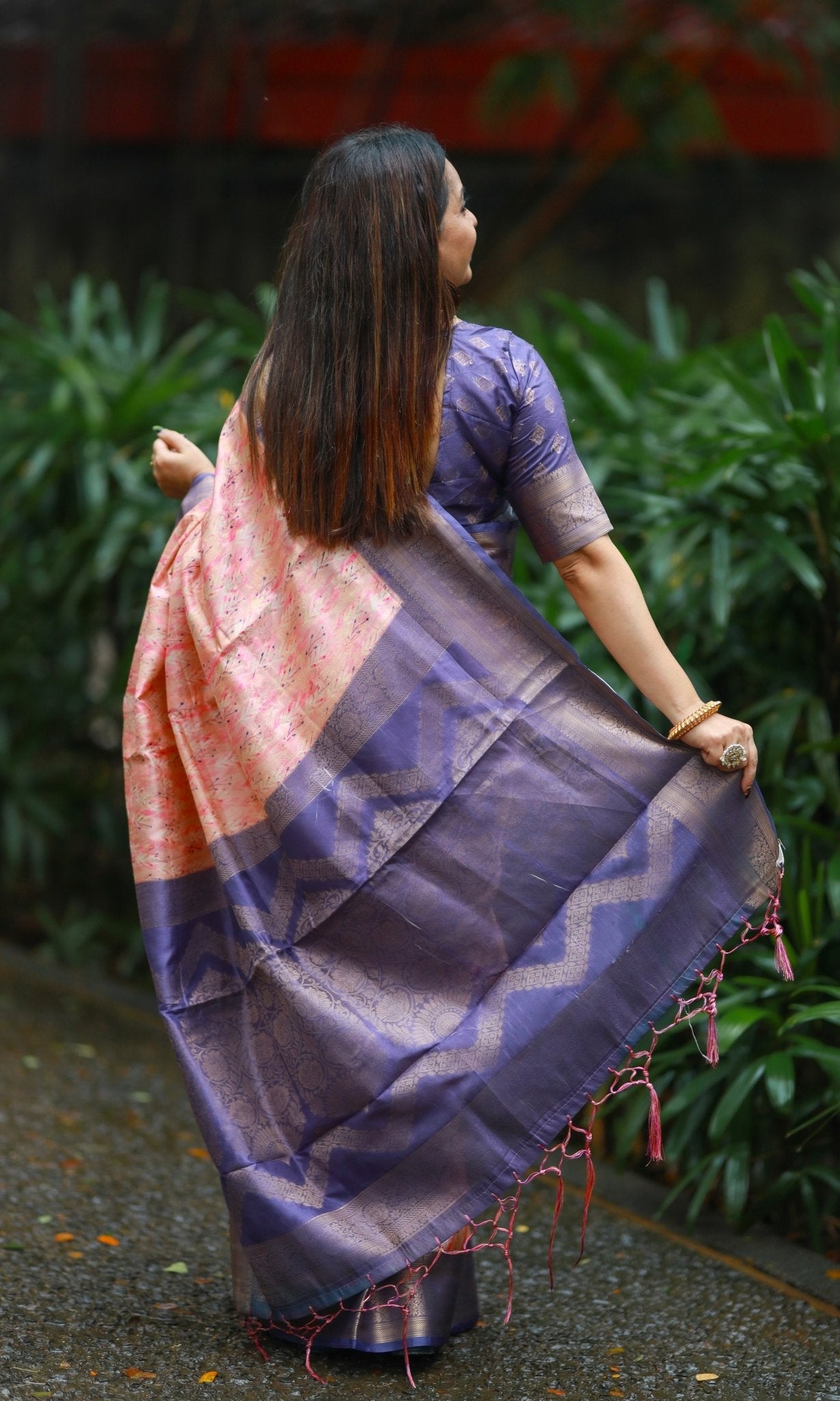 Pure Banarasi Silk Saree Weaved With Golden Zari Comes With Tassels - Almaari Fashion