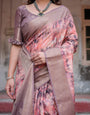 Peach and Brown Abstract Design Banarasi Silk Saree with Zari Weave and Tassel-Embellished Pallu