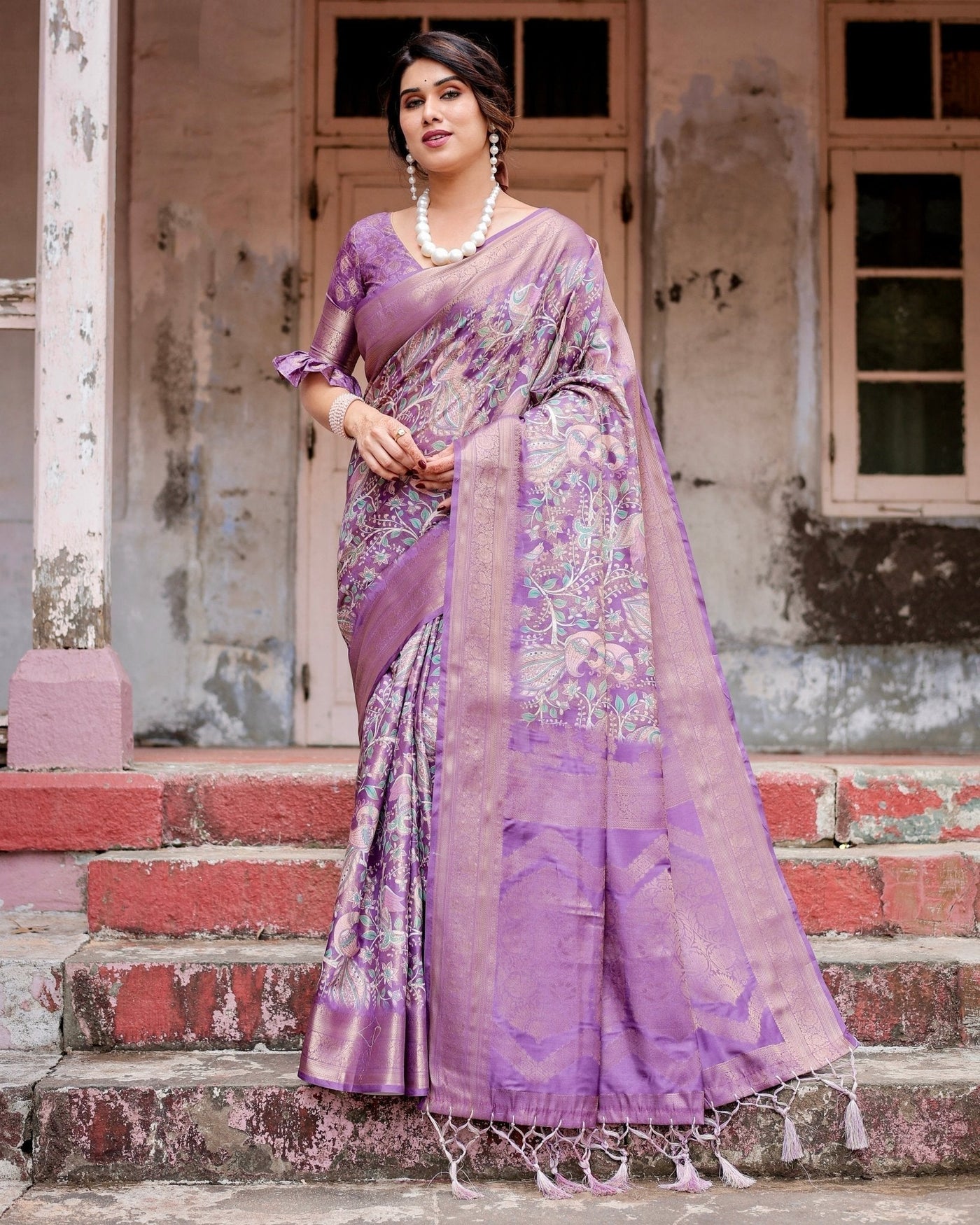 Pure Banarasi Silk Saree Weaved With Golden Zari Comes With Tassels - Almaari Fashion