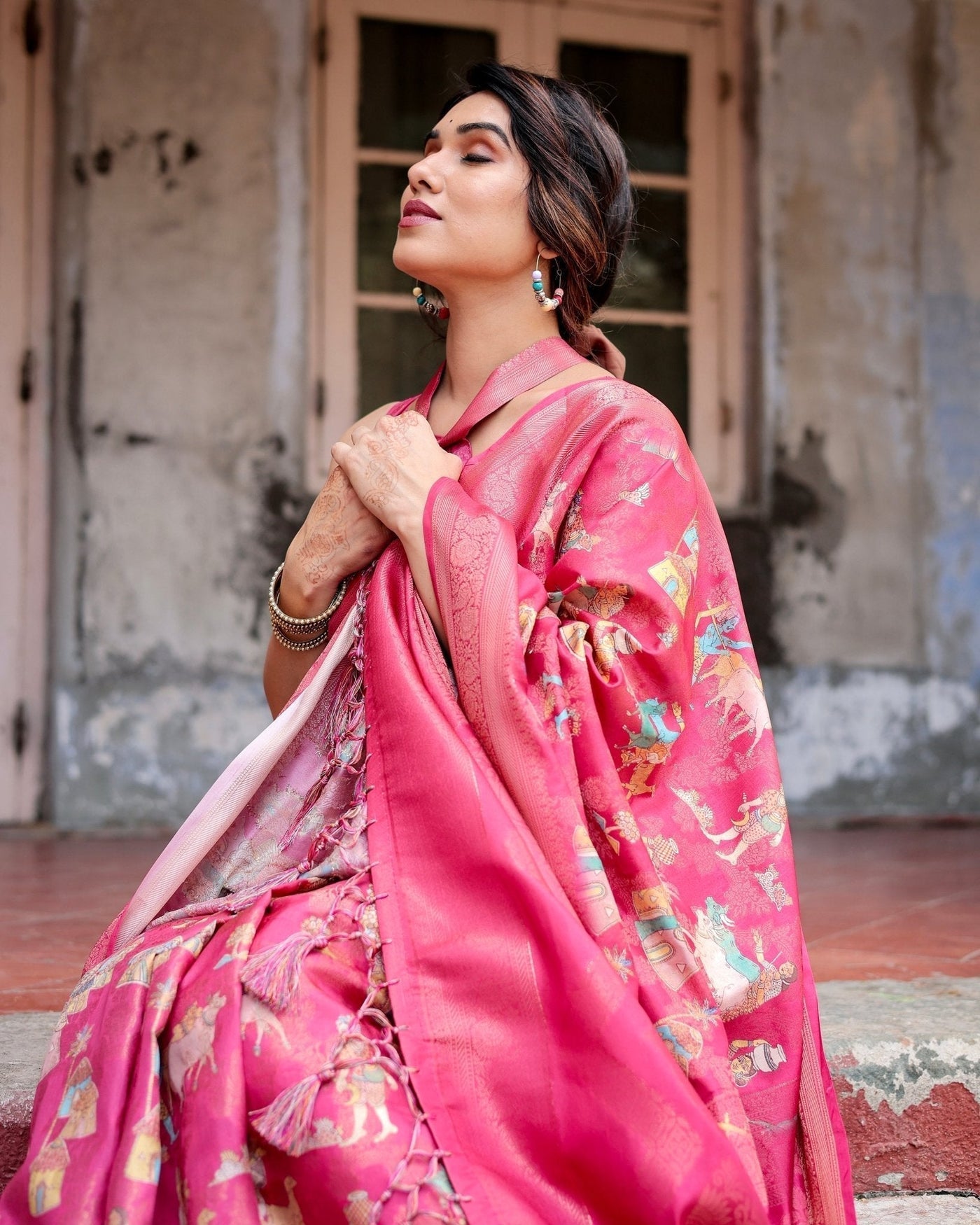 Pure Banarasi Silk Saree Weaved With Golden Zari Comes With Tassels - Almaari Fashion