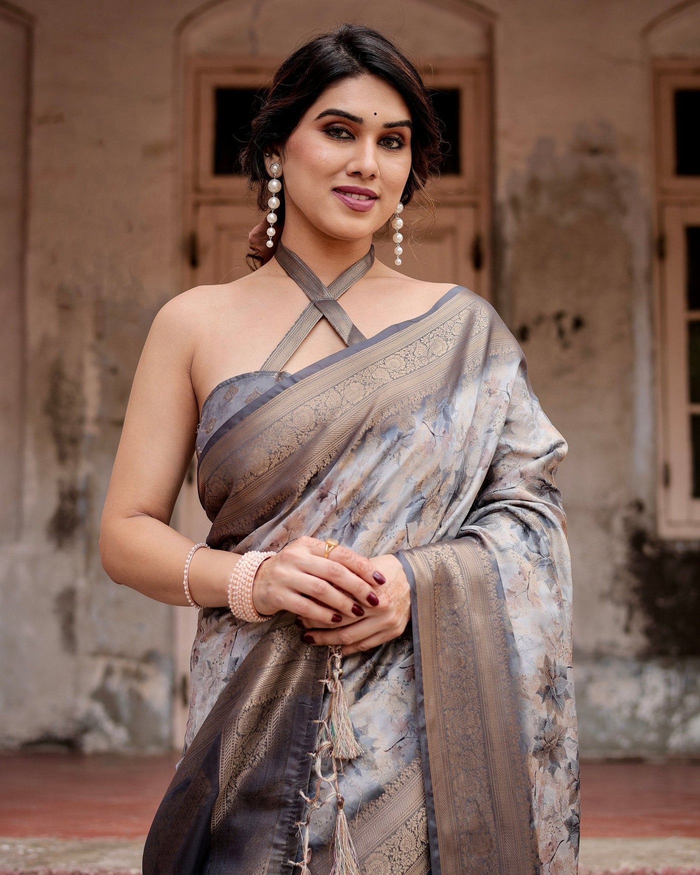 Pure Banarasi Silk Saree Weaved With Golden Zari Comes With Tassels - Almaari Fashion