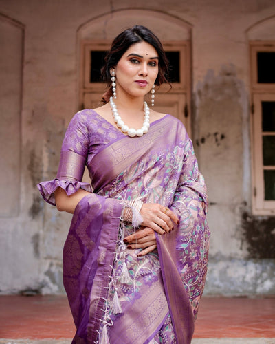 Pure Banarasi Silk Saree Weaved With Golden Zari Comes With Tassels - Almaari Fashion