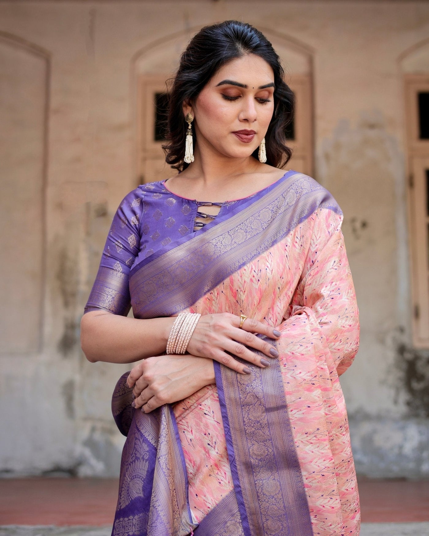 Pure Banarasi Silk Saree Weaved With Golden Zari Comes With Tassels - Almaari Fashion