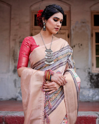 Pure Banarasi Silk Saree Weaved With Golden Zari Comes With Tassels - Almaari Fashion