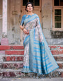 Elegant Floral Banarasi Silk Saree in Sky Blue and Blush Pink with Zari Weave and Tassels