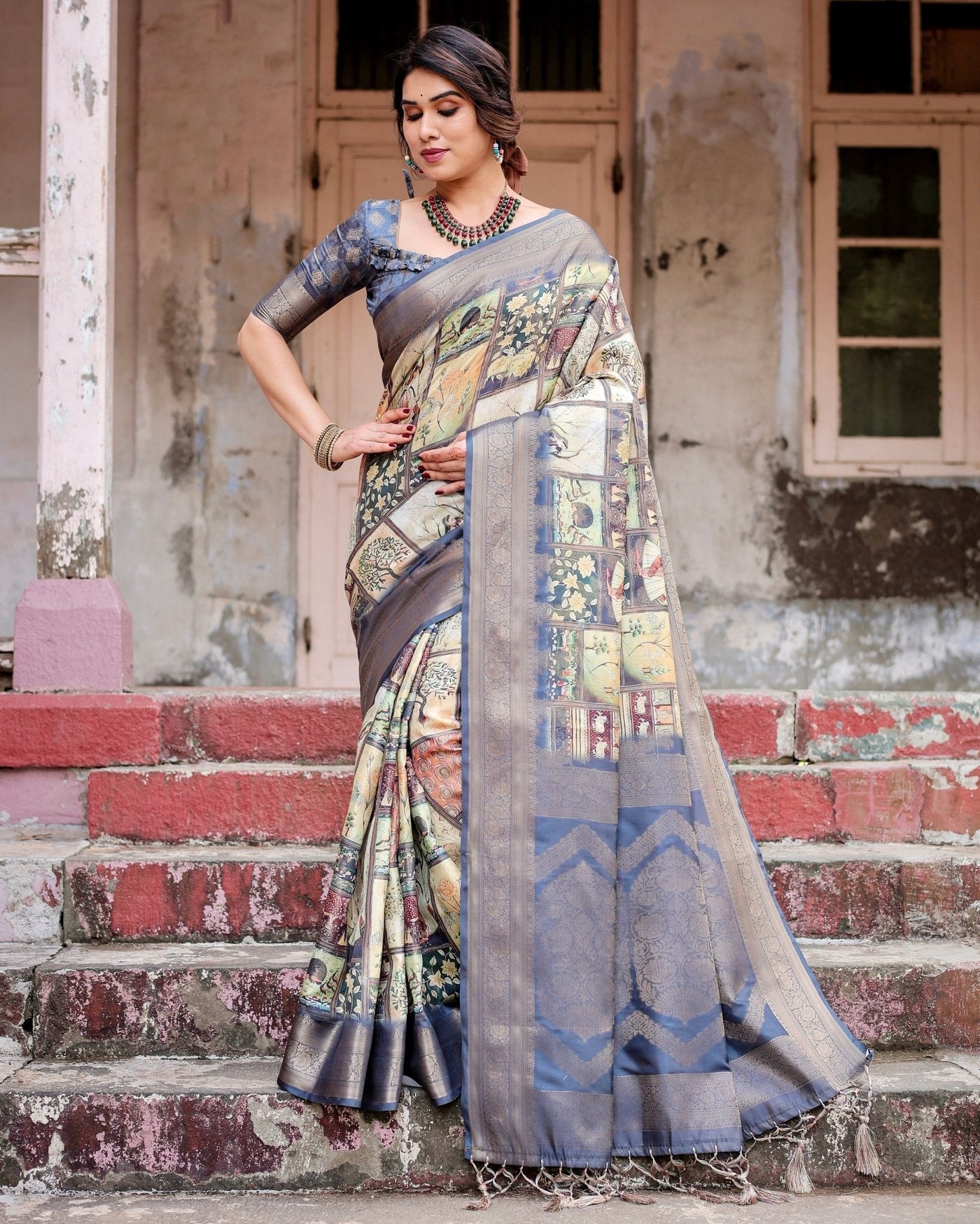 Pure Banarasi Silk Saree Weaved With Golden Zari Comes With Tassels - Almaari Fashion