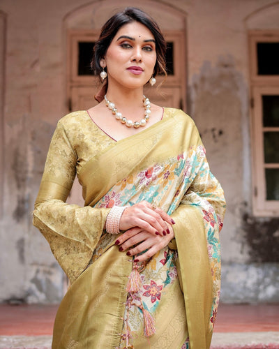 Pure Banarasi Silk Saree Weaved With Golden Zari Comes With Tassels - Almaari Fashion