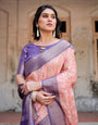 Peach and Purple Floral Digital Print Banarasi Silk Saree with Zari Weave and Tassel-Adorned Pallu