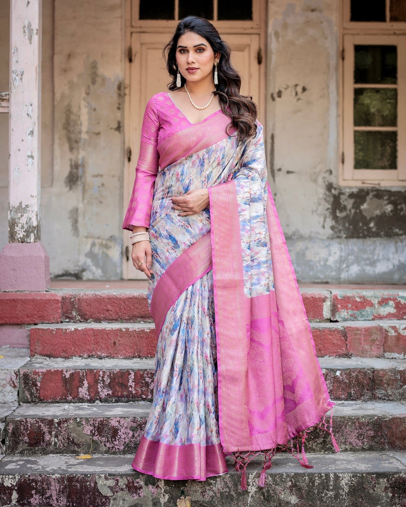 Pure Banarasi Silk Saree Weaved With Golden Zari Comes With Tassels - Almaari Fashion