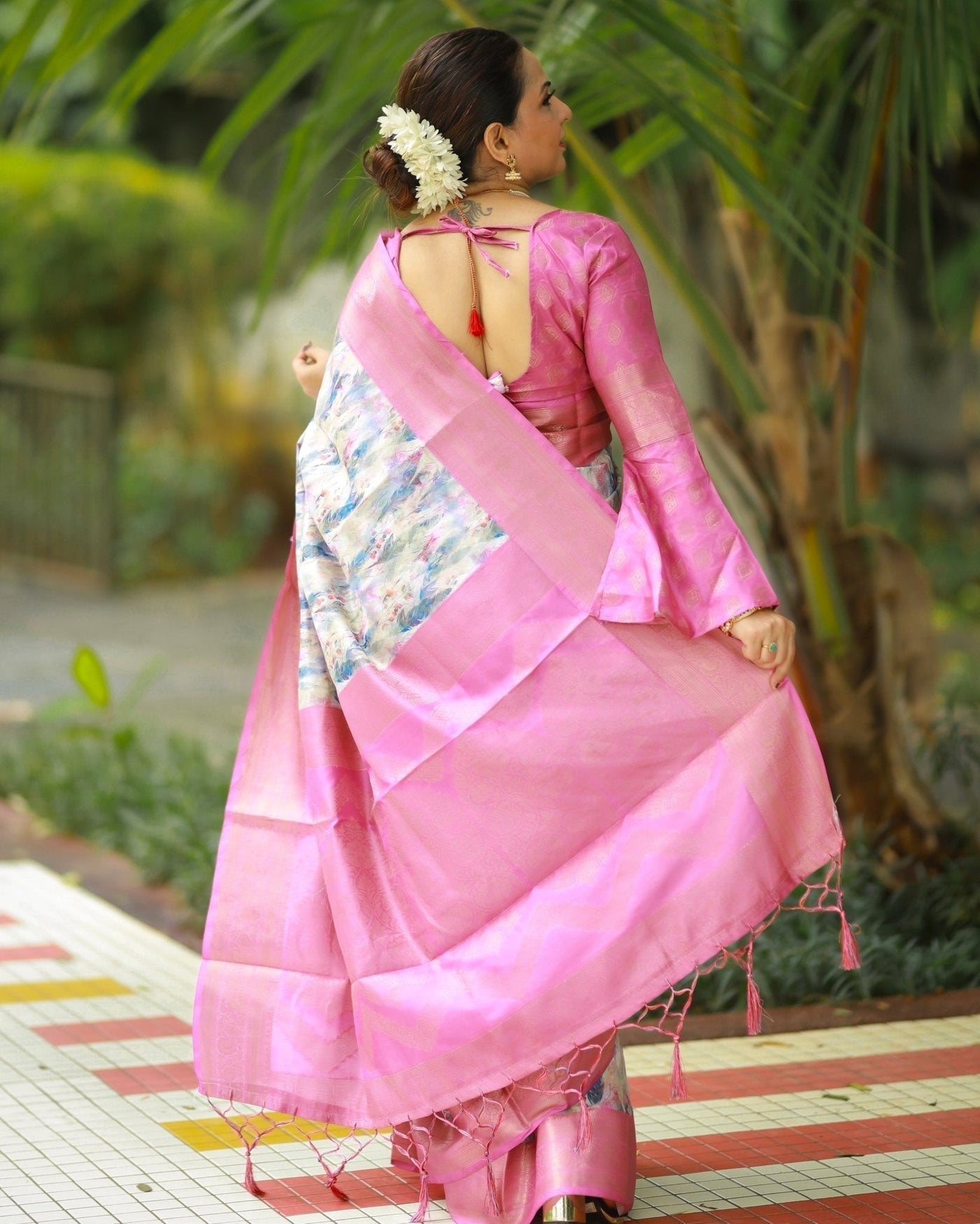 Pure Banarasi Silk Saree Weaved With Golden Zari Comes With Tassels - Almaari Fashion