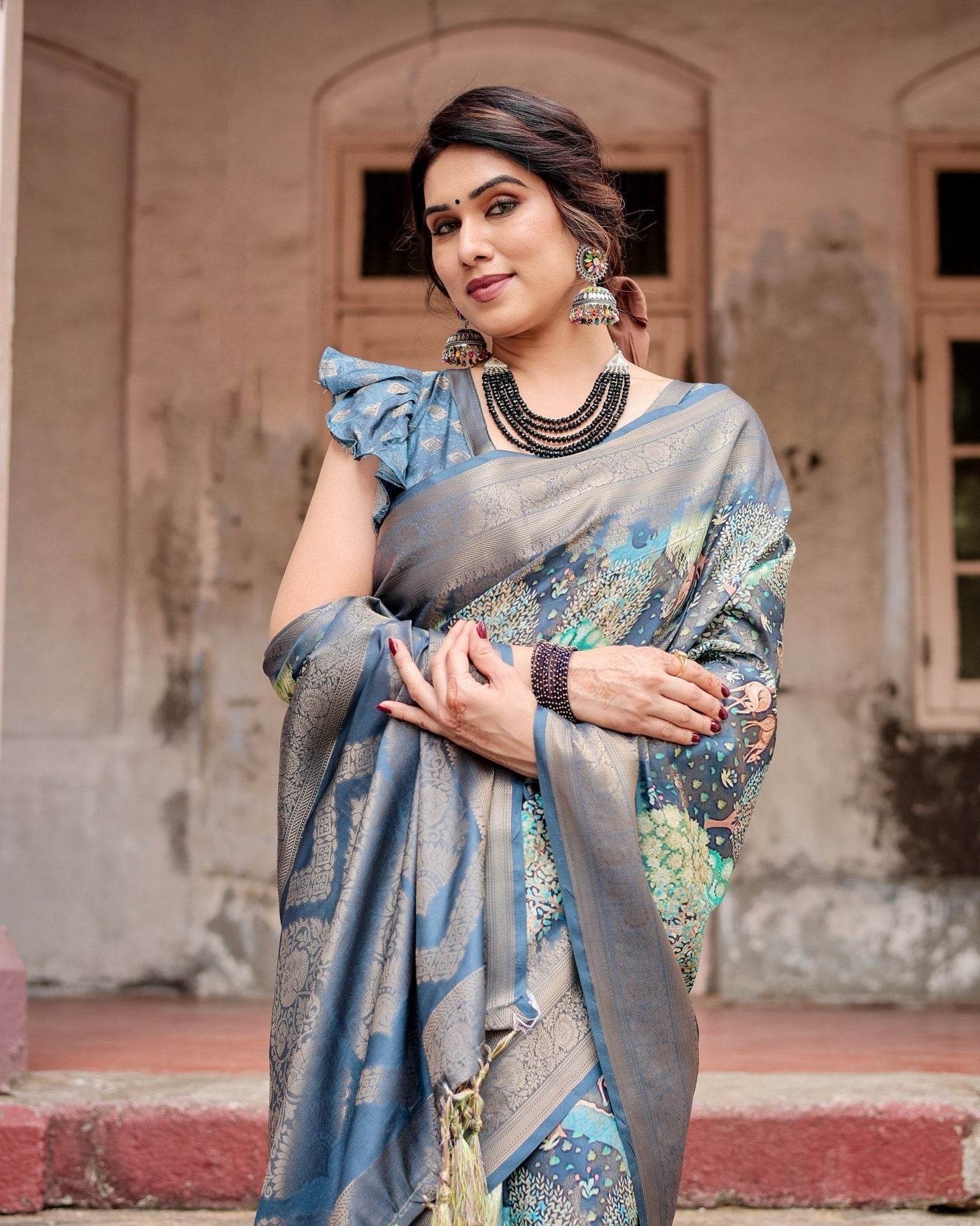 Pure Banarasi Silk Saree Weaved With Golden Zari Comes With Tassels - Almaari Fashion