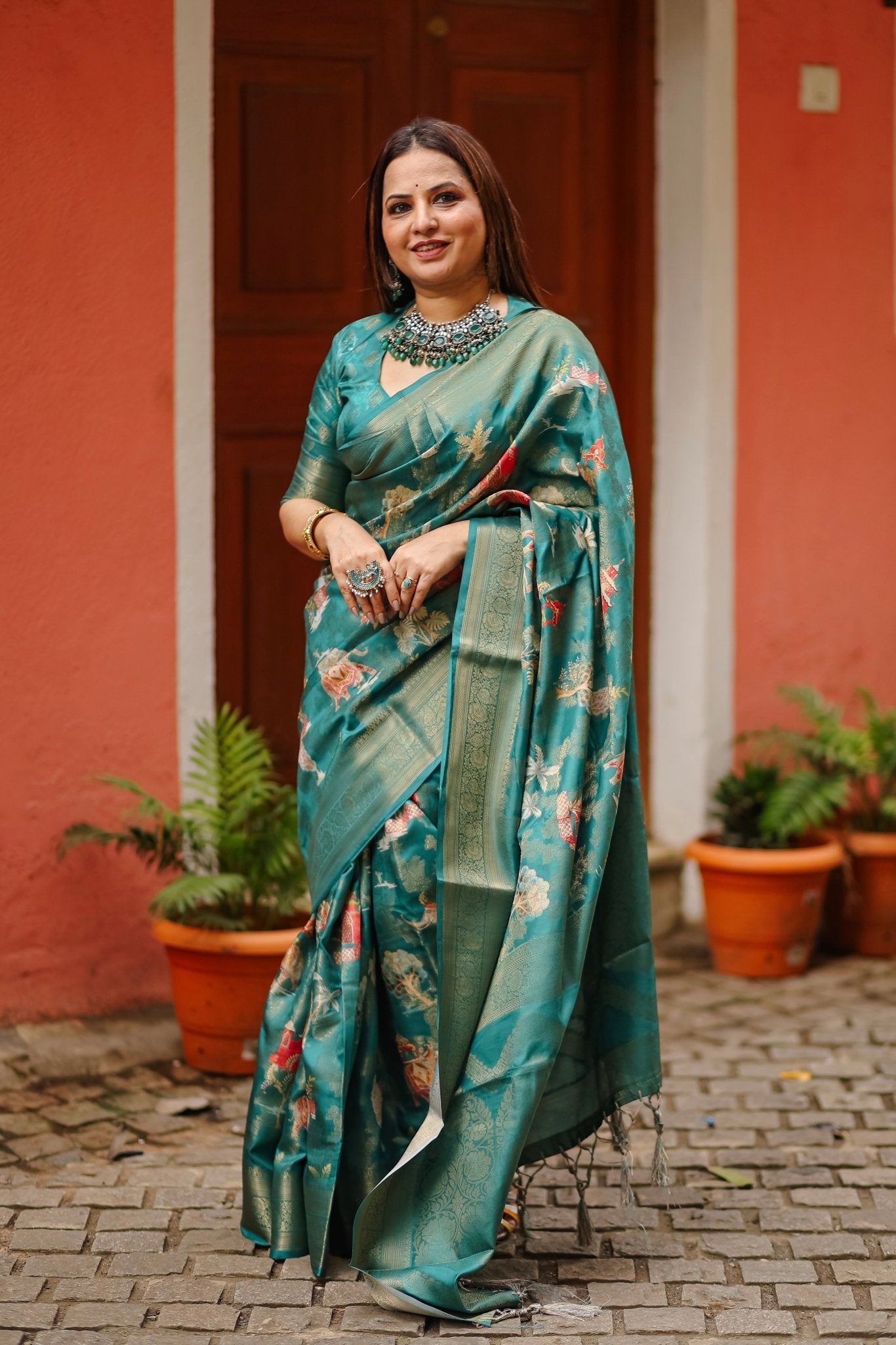 Pure Banarasi Silk Saree Weaved With Golden Zari Comes With Tassels - Almaari Fashion