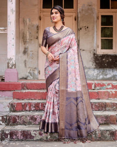 Pure Banarasi Silk Saree Weaved With Golden Zari Comes With Tassels - Almaari Fashion