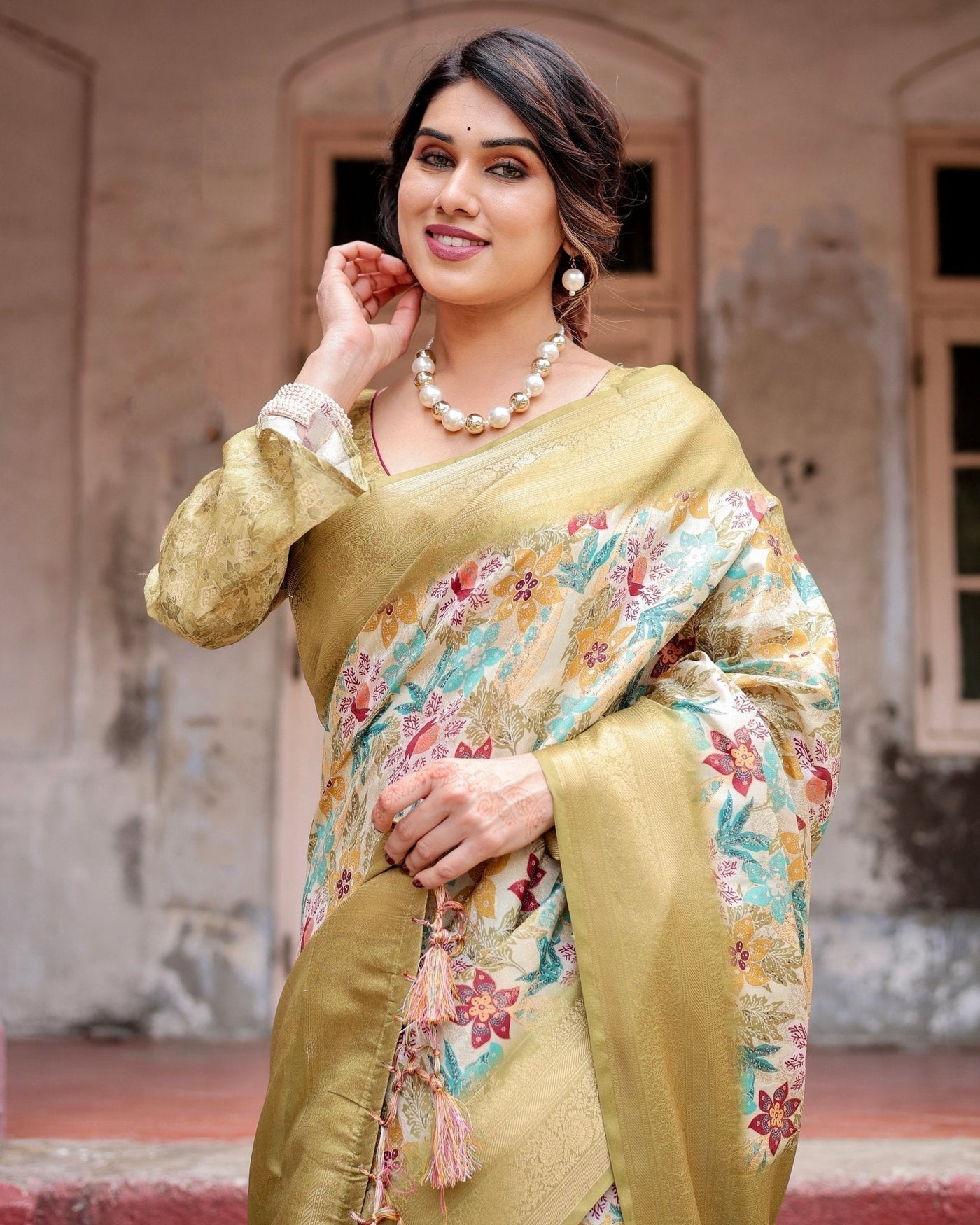 Pure Banarasi Silk Saree Weaved With Golden Zari Comes With Tassels - Almaari Fashion