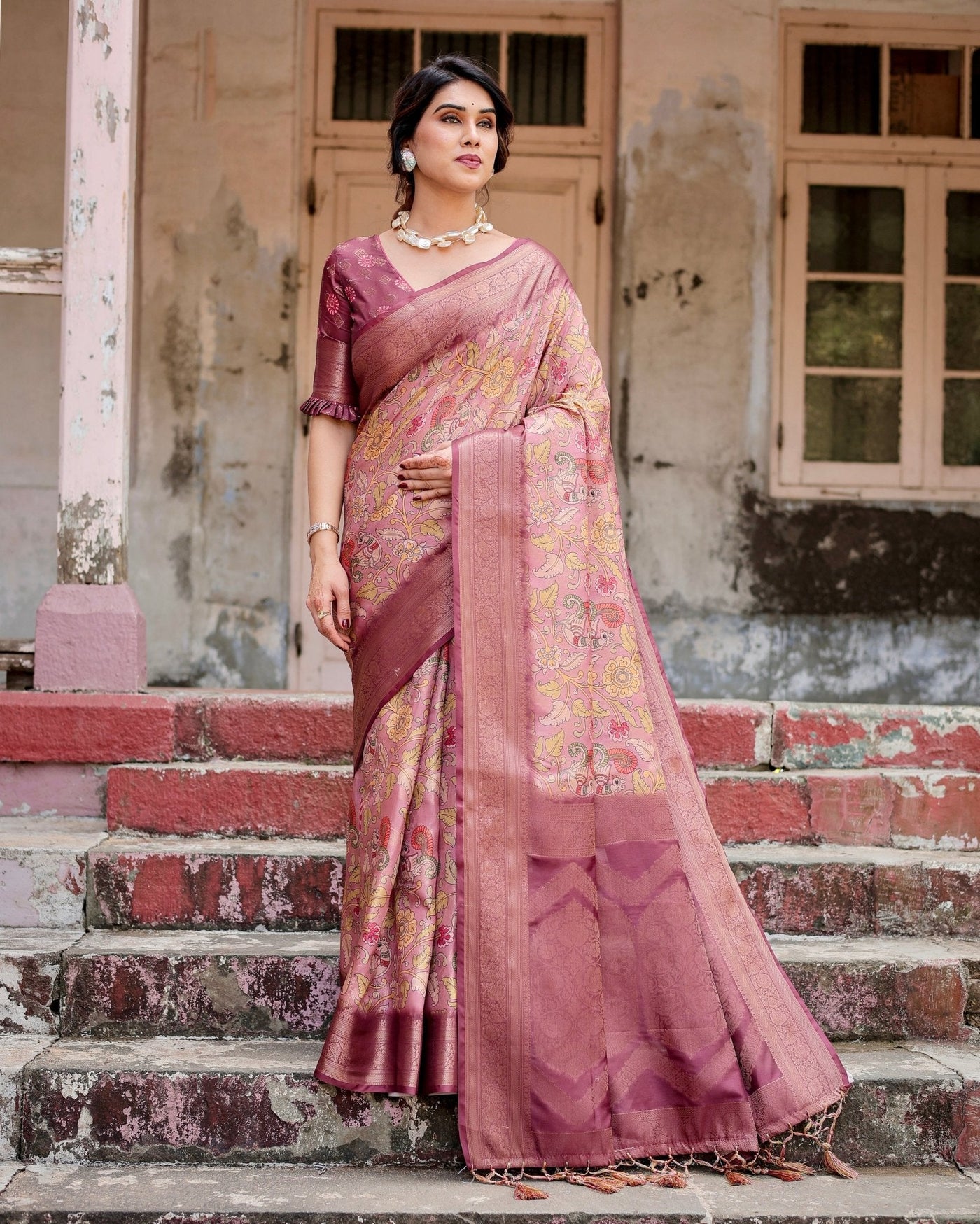 Pure Banarasi Silk Saree Weaved With Golden Zari Comes With Tassels - Almaari Fashion