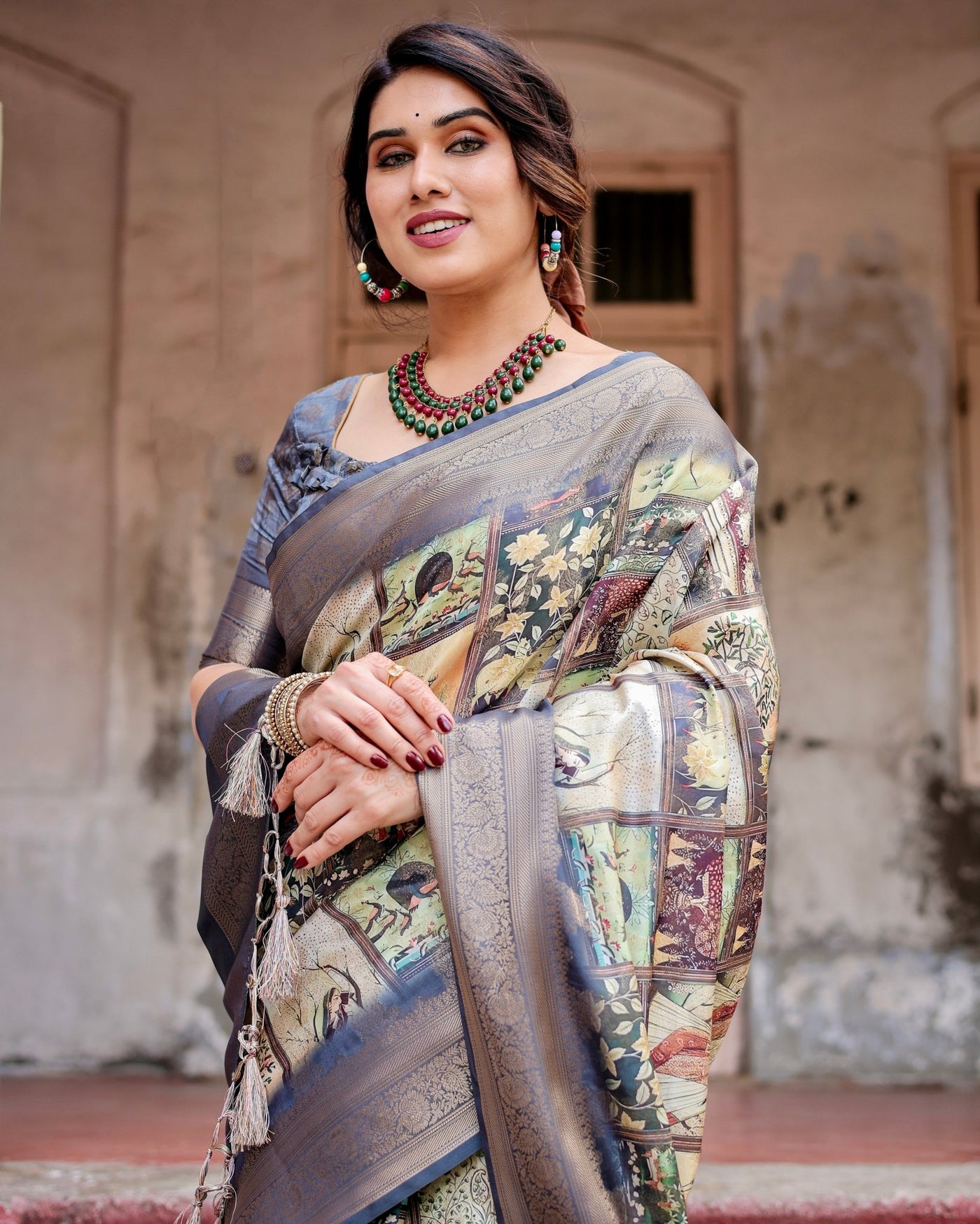 Pure Banarasi Silk Saree Weaved With Golden Zari Comes With Tassels - Almaari Fashion