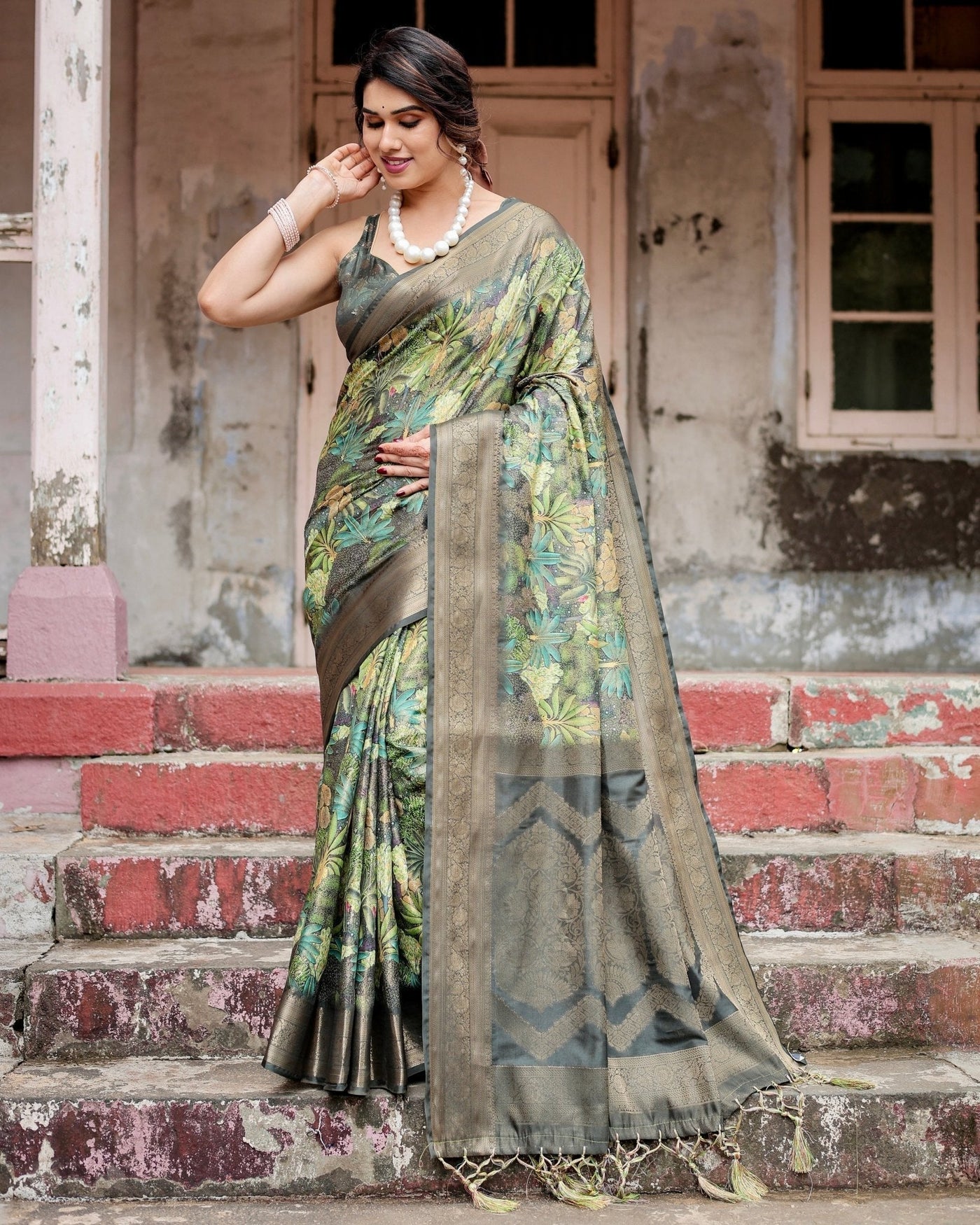 Pure Banarasi Silk Saree Weaved With Golden Zari Comes With Tassels - Almaari Fashion