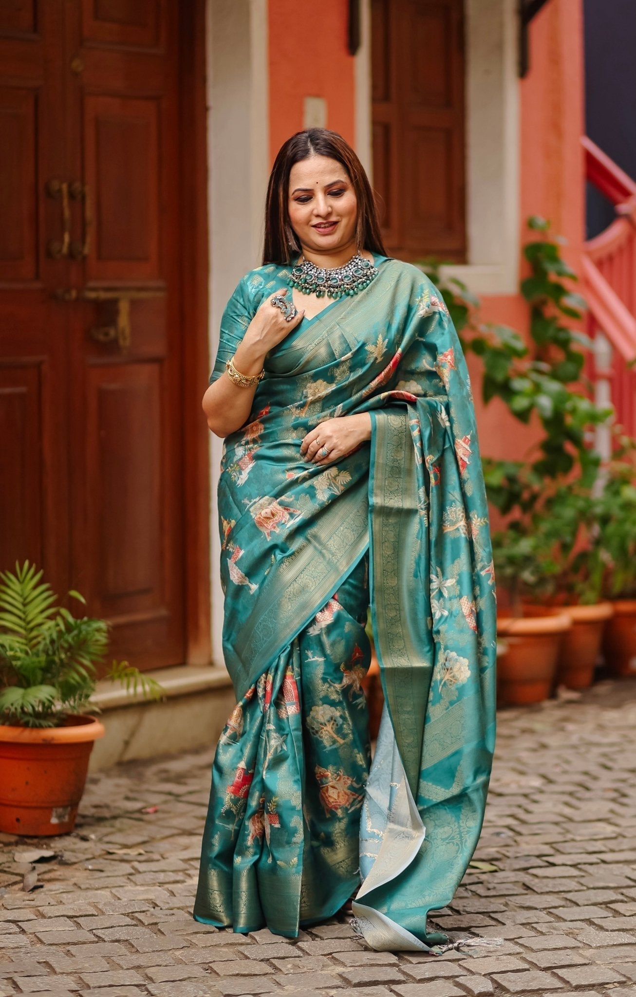 Pure Banarasi Silk Saree Weaved With Golden Zari Comes With Tassels - Almaari Fashion