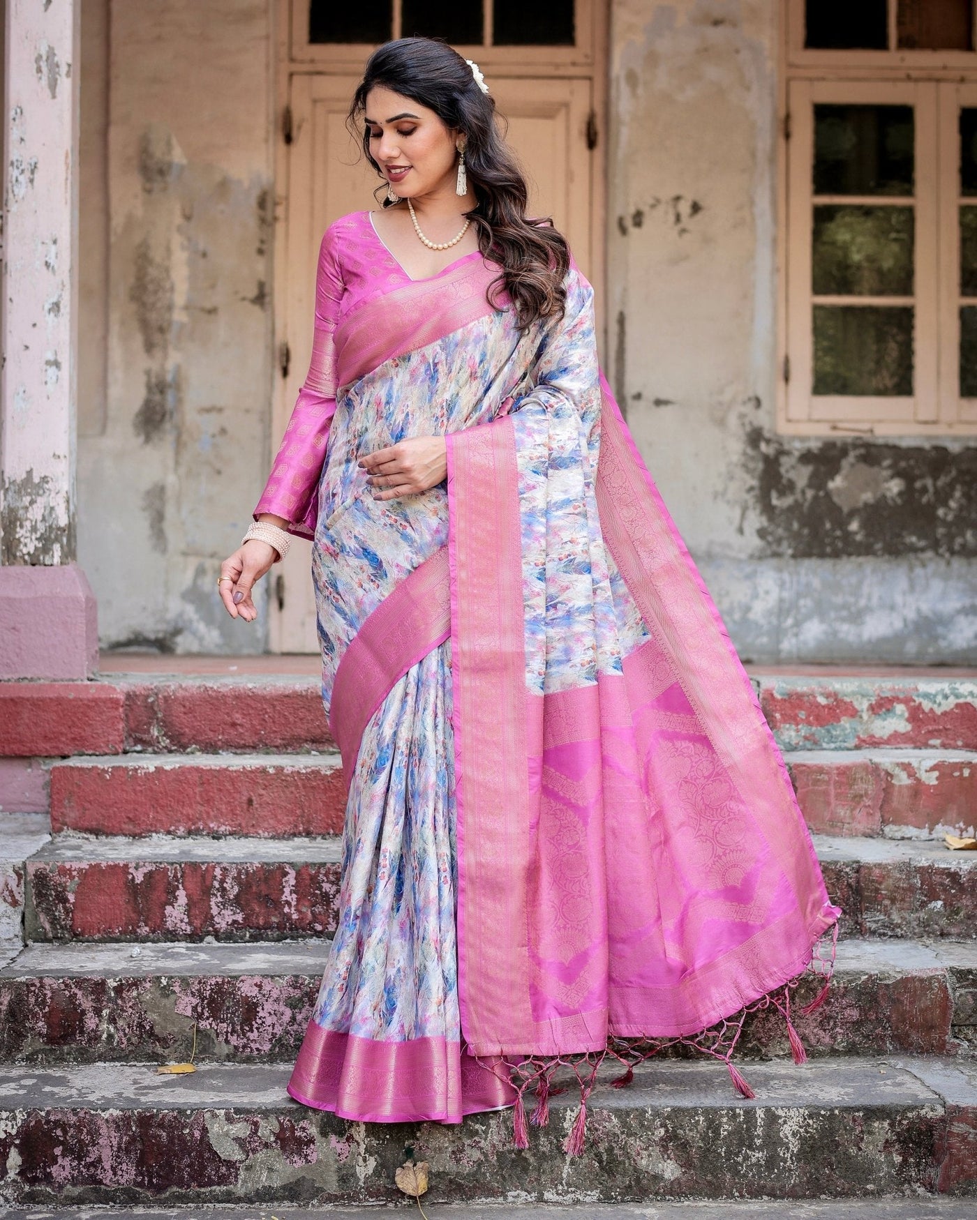 Pure Banarasi Silk Saree Weaved With Golden Zari Comes With Tassels - Almaari Fashion