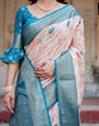 Peach and Teal Floral Digital Print Banarasi Silk Saree with Zari Weave and Tassel-Adorned Pallu