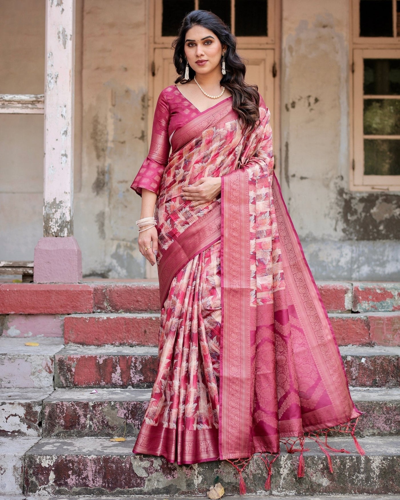 Pure Banarasi Silk Saree Weaved With Golden Zari Comes With Tassels - Almaari Fashion