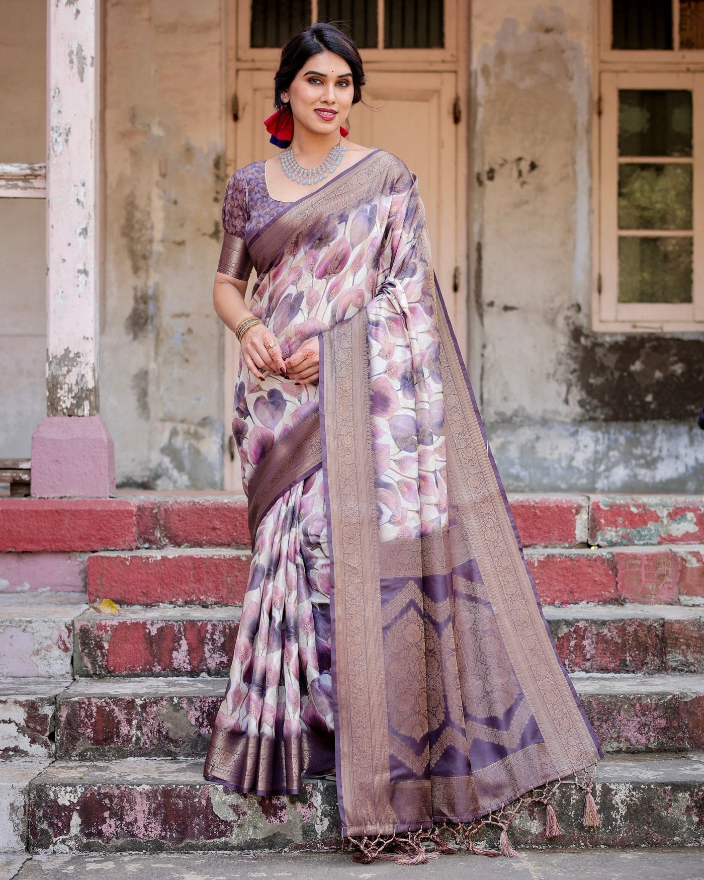 Pure Banarasi Silk Saree Weaved With Golden Zari Comes With Tassels - Almaari Fashion