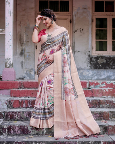 Pure Banarasi Silk Saree Weaved With Golden Zari Comes With Tassels - Almaari Fashion