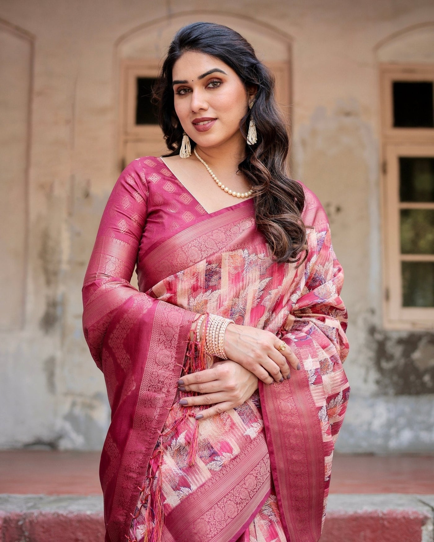 Pure Banarasi Silk Saree Weaved With Golden Zari Comes With Tassels - Almaari Fashion