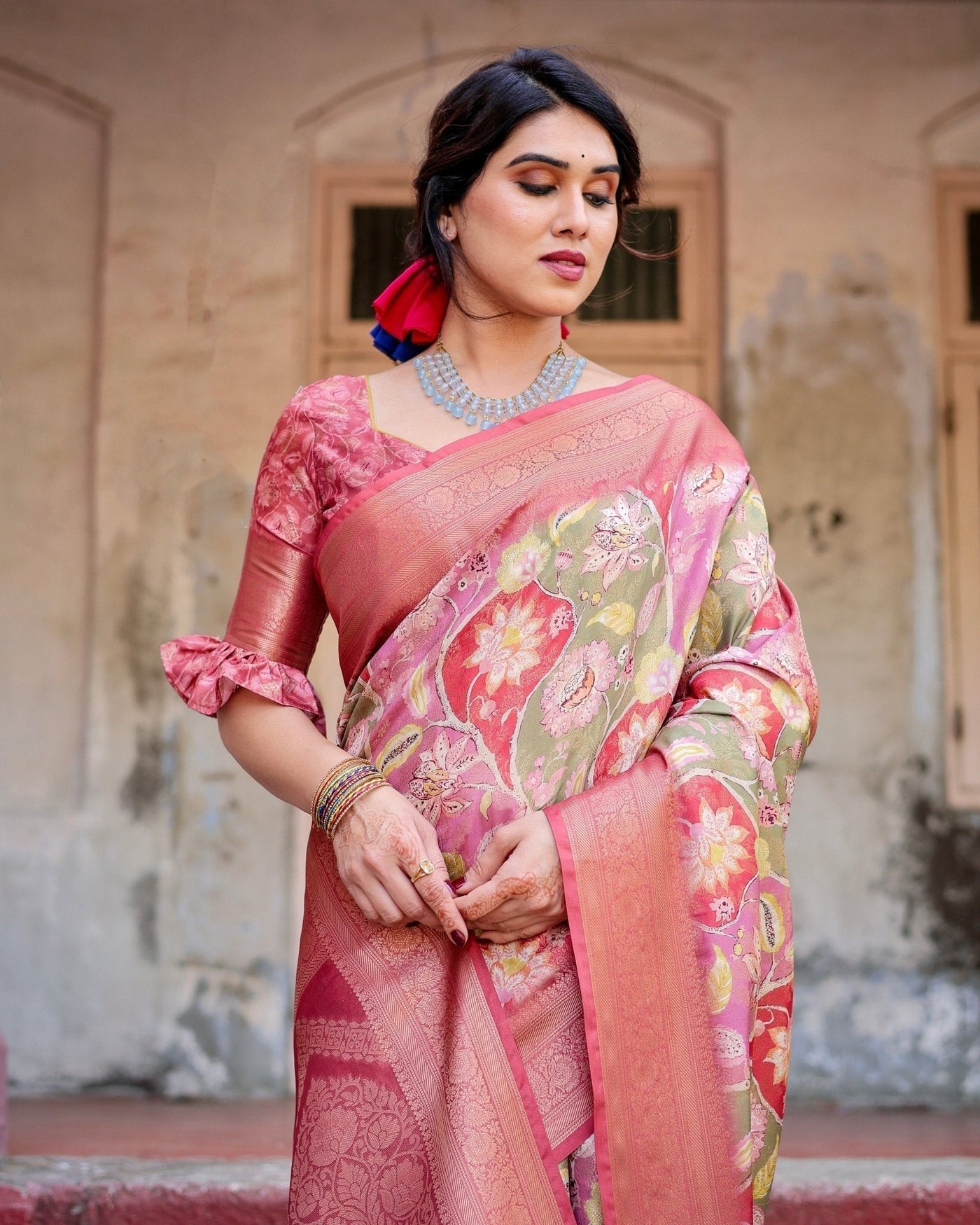 Pure Banarasi Silk Saree Weaved With Golden Zari Comes With Tassels - Almaari Fashion