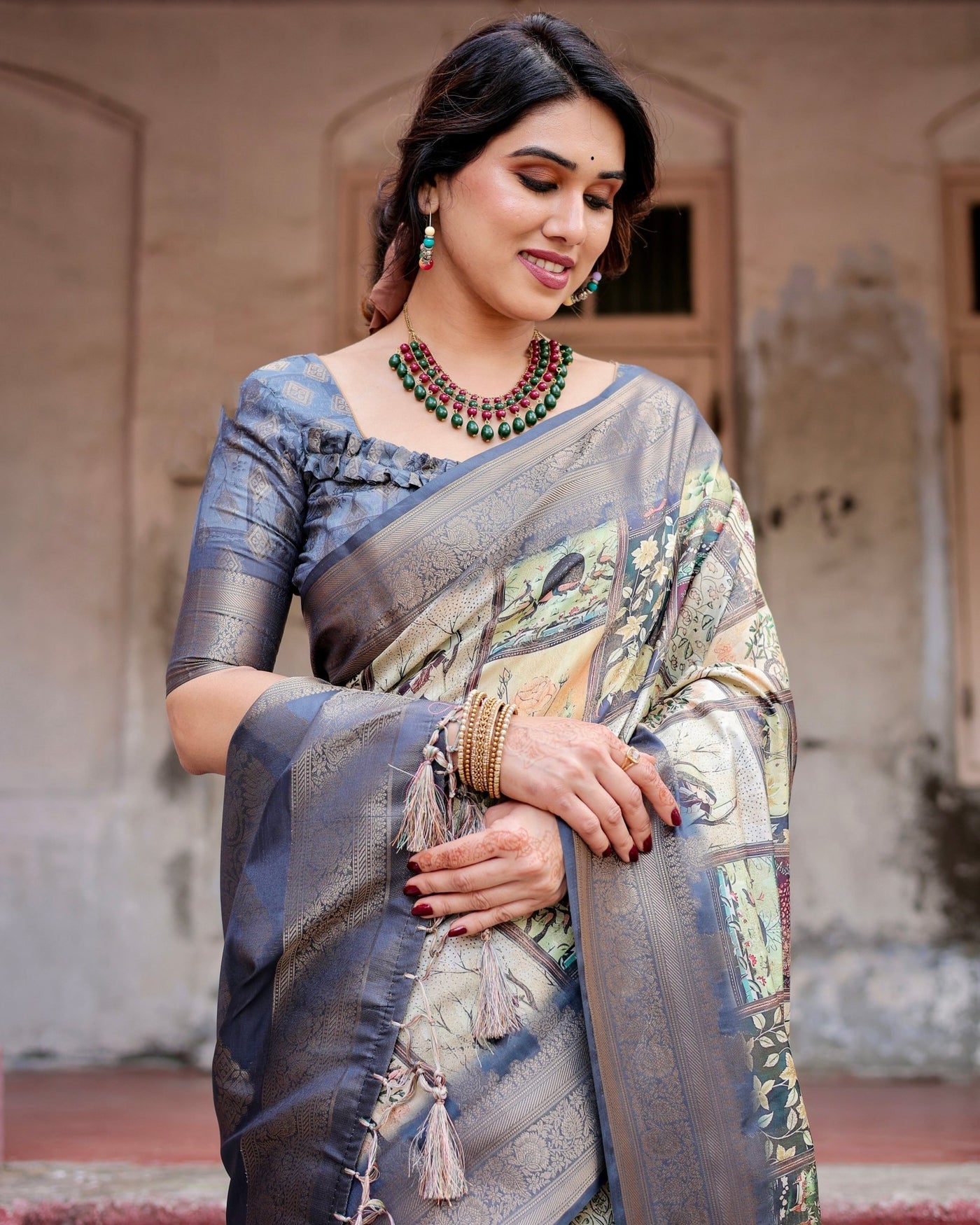 Pure Banarasi Silk Saree Weaved With Golden Zari Comes With Tassels - Almaari Fashion