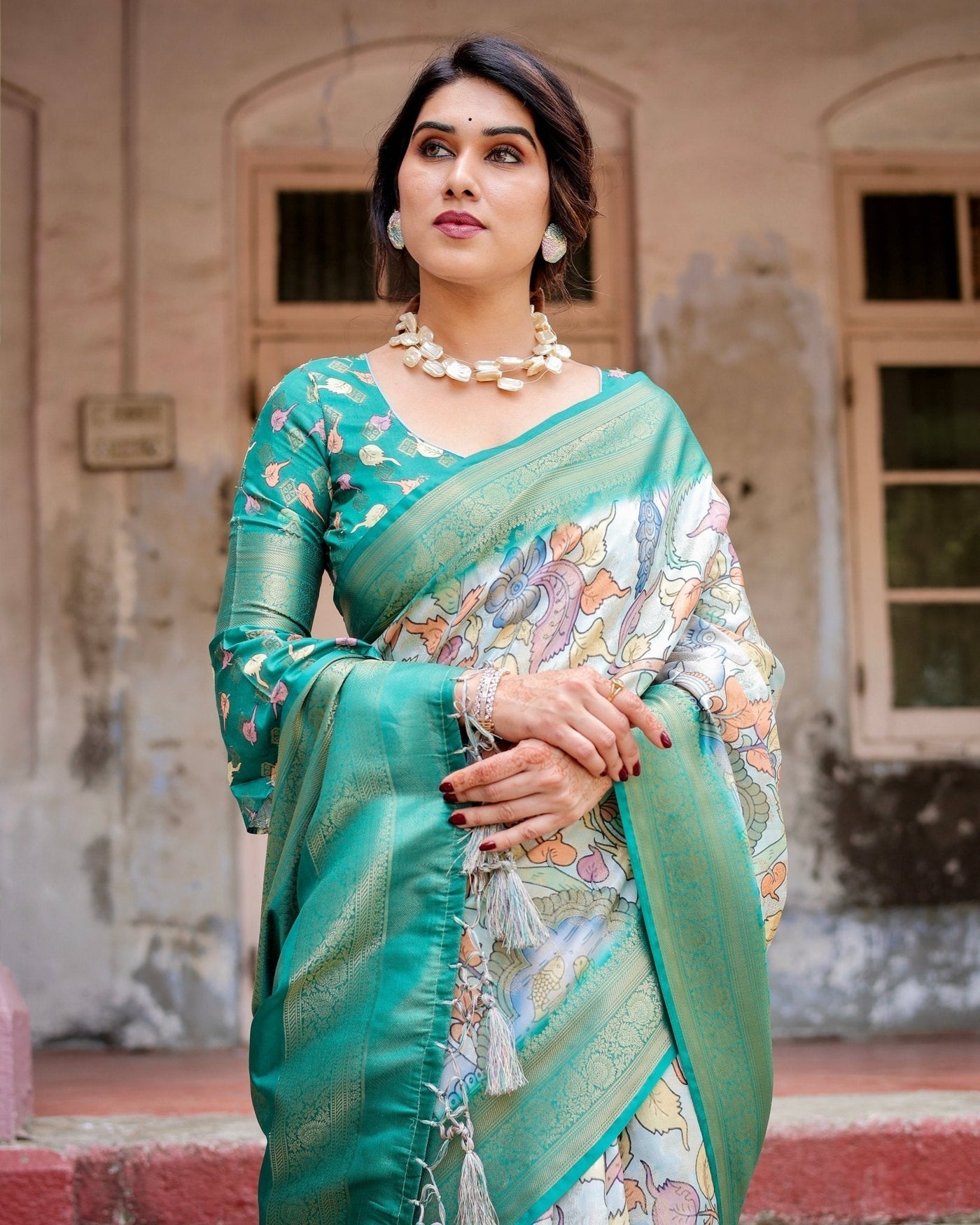 Pure Banarasi Silk Saree Weaved With Golden Zari Comes With Tassels - Almaari Fashion