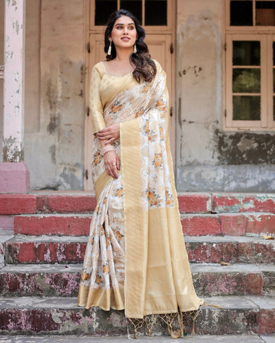 Pure Banarasi Silk Saree Weaved With Golden Zari Comes With Tassels - Almaari Fashion