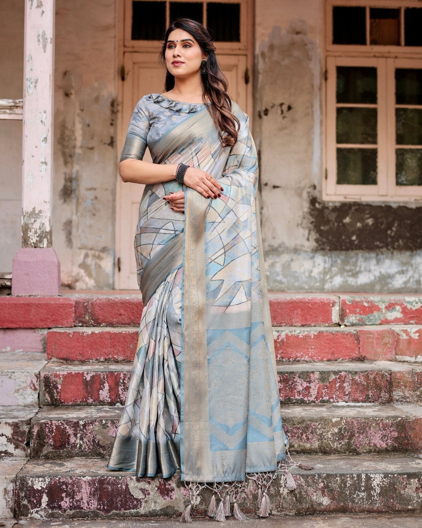 Pure Banarasi Silk Saree Weaved With Golden Zari Comes With Tassels - Almaari Fashion