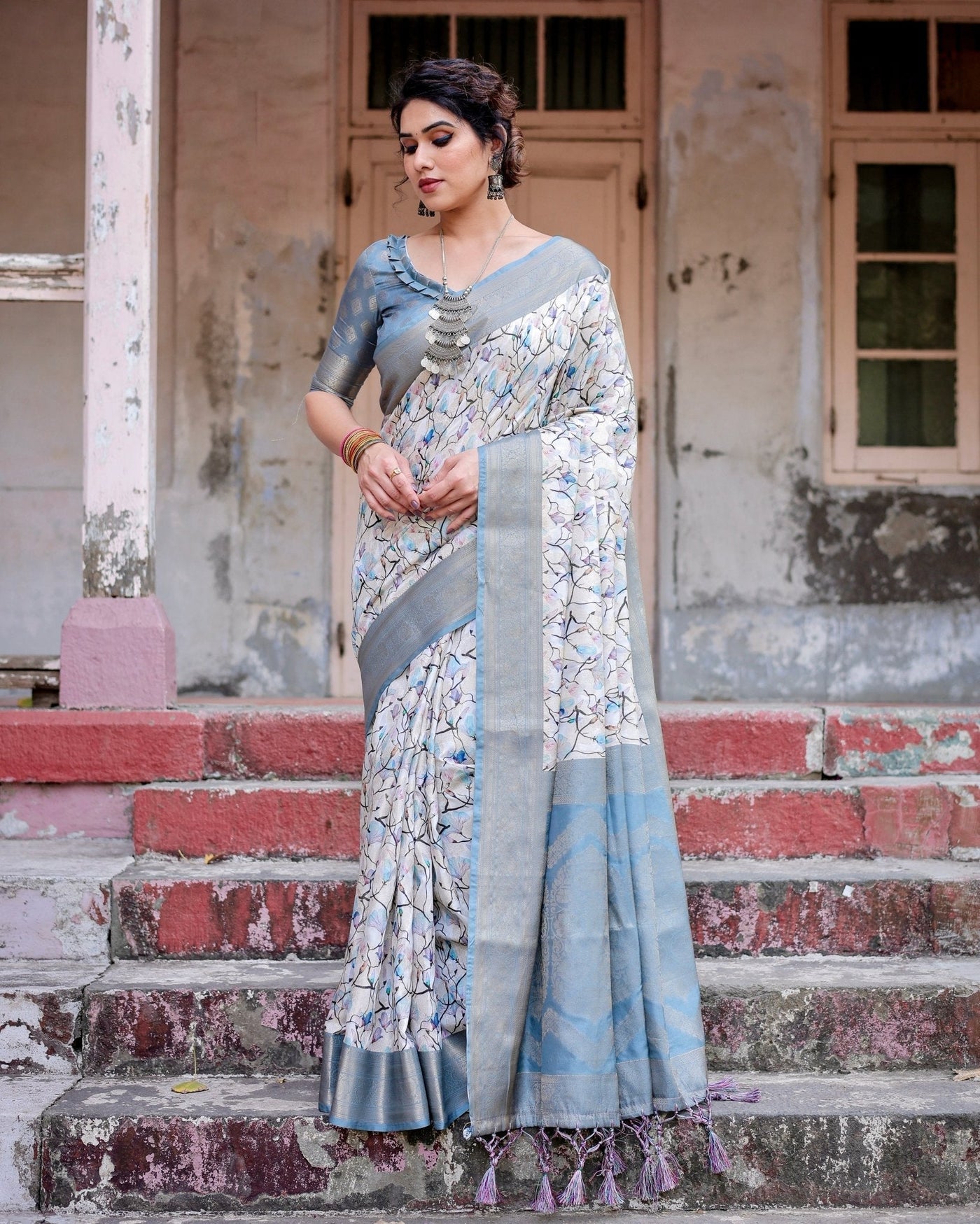 Pure Banarasi Silk Saree Weaved With Golden Zari Comes With Tassels - Almaari Fashion