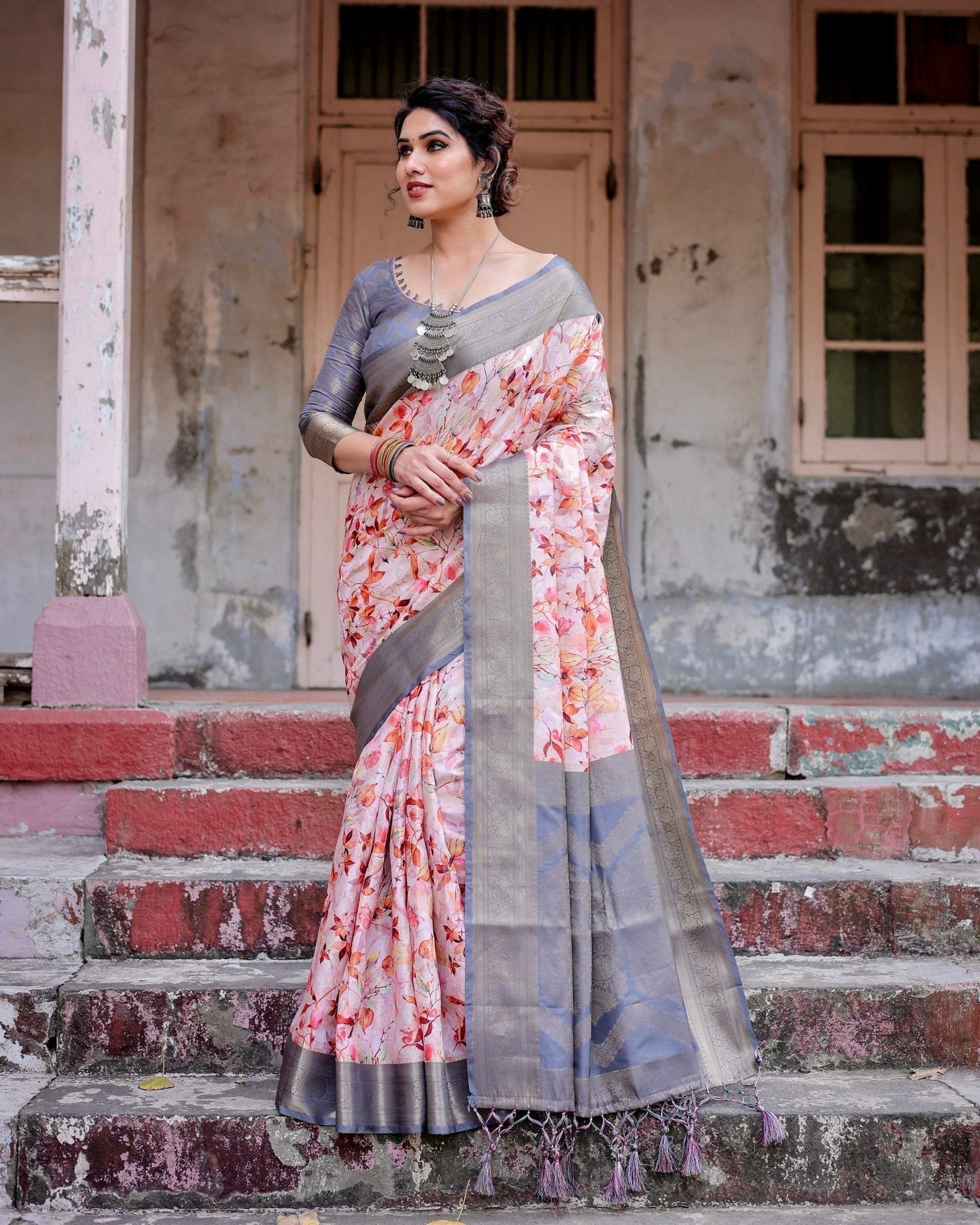 Pure Banarasi Silk Saree Weaved With Golden Zari Comes With Tassels - Almaari Fashion