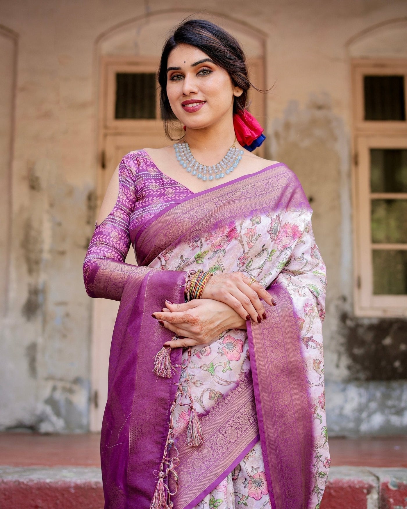 Pure Banarasi Silk Saree Weaved With Golden Zari Comes With Tassels - Almaari Fashion