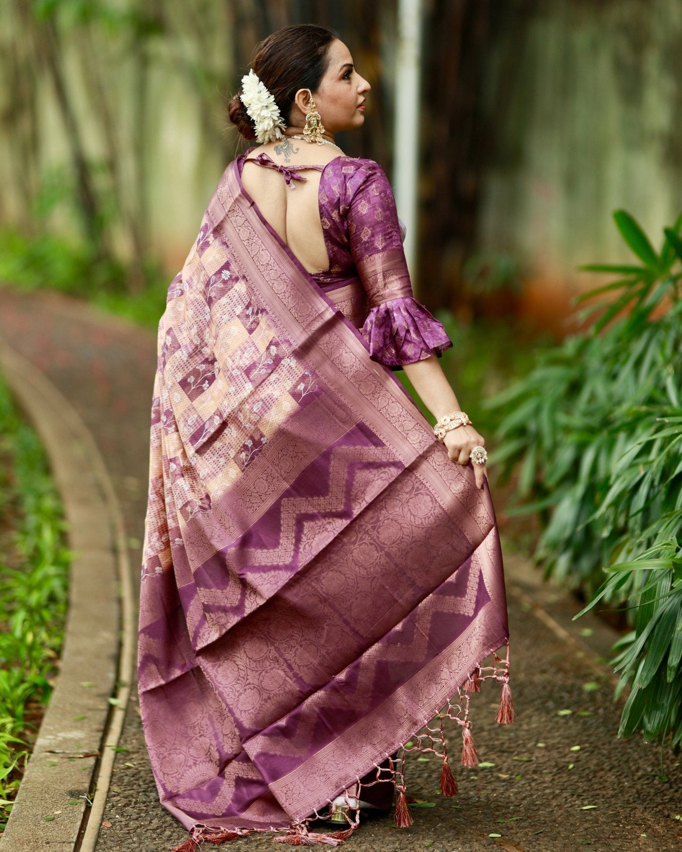 Pure Banarasi Silk Saree Weaved With Golden Zari Comes With Tassels - Almaari Fashion