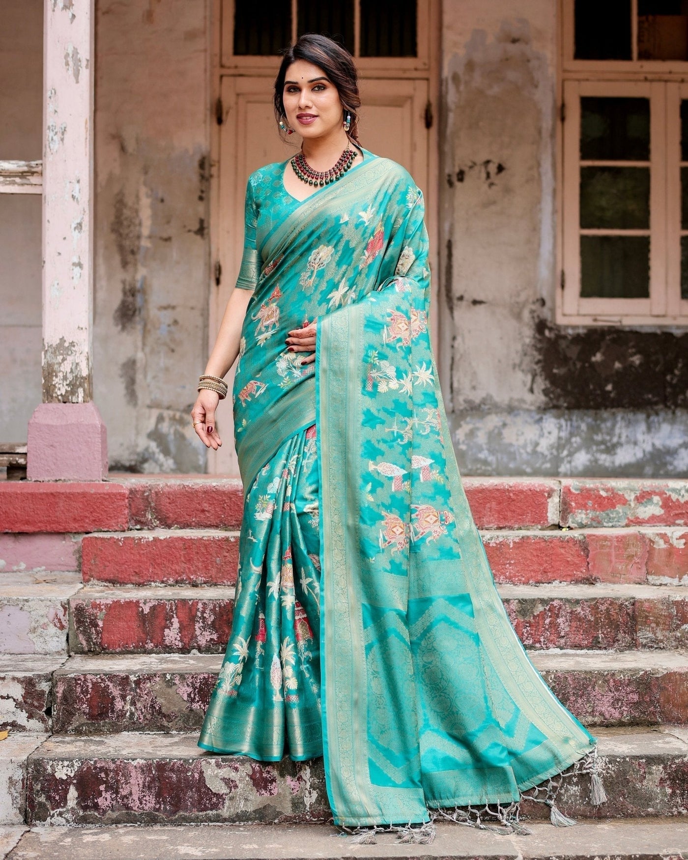 Pure Banarasi Silk Saree Weaved With Golden Zari Comes With Tassels - Almaari Fashion