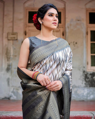 Pure Banarasi Silk Saree Weaved With Golden Zari Comes With Tassels - Almaari Fashion