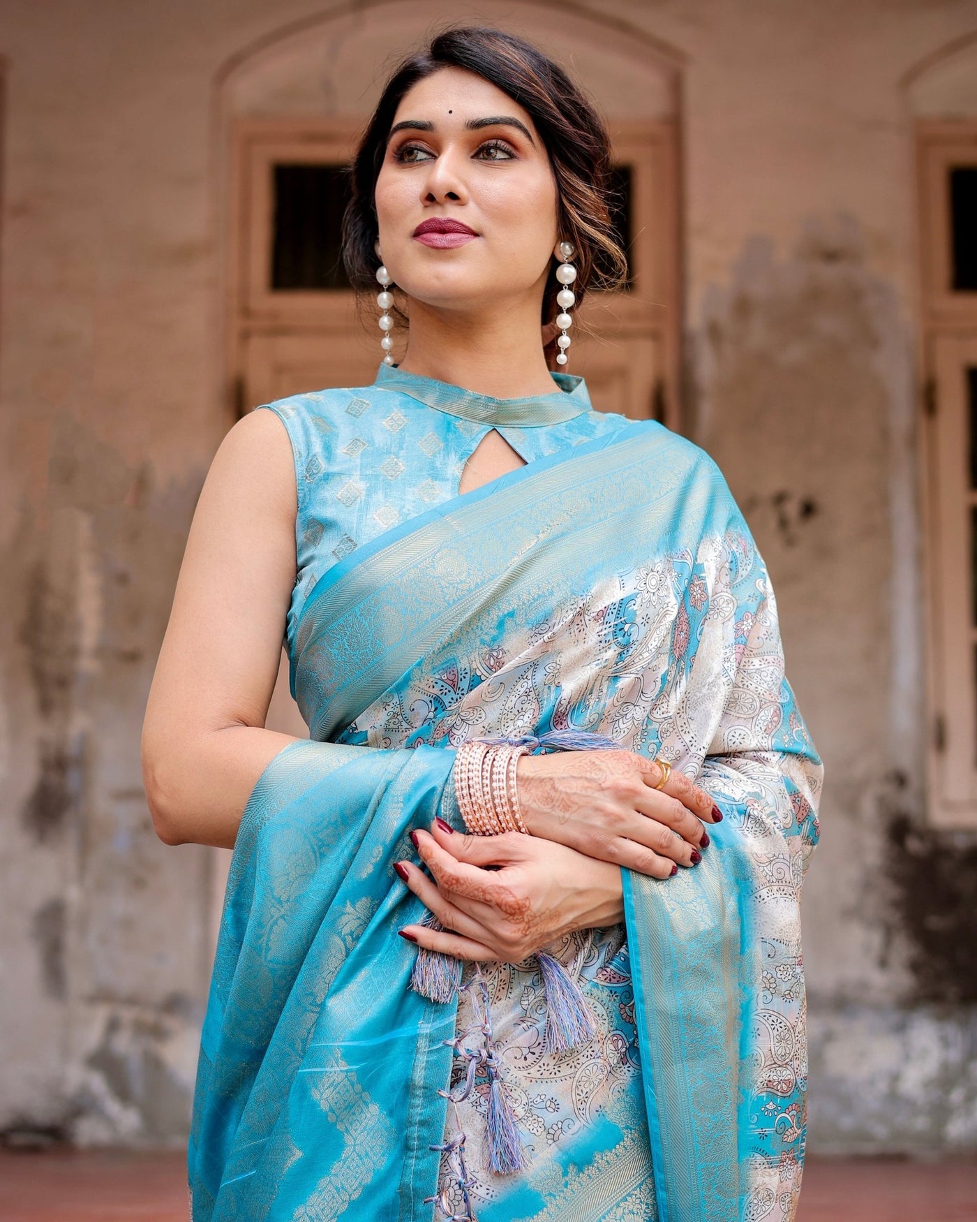 Pure Banarasi Silk Saree Weaved With Golden Zari Comes With Tassels - Almaari Fashion